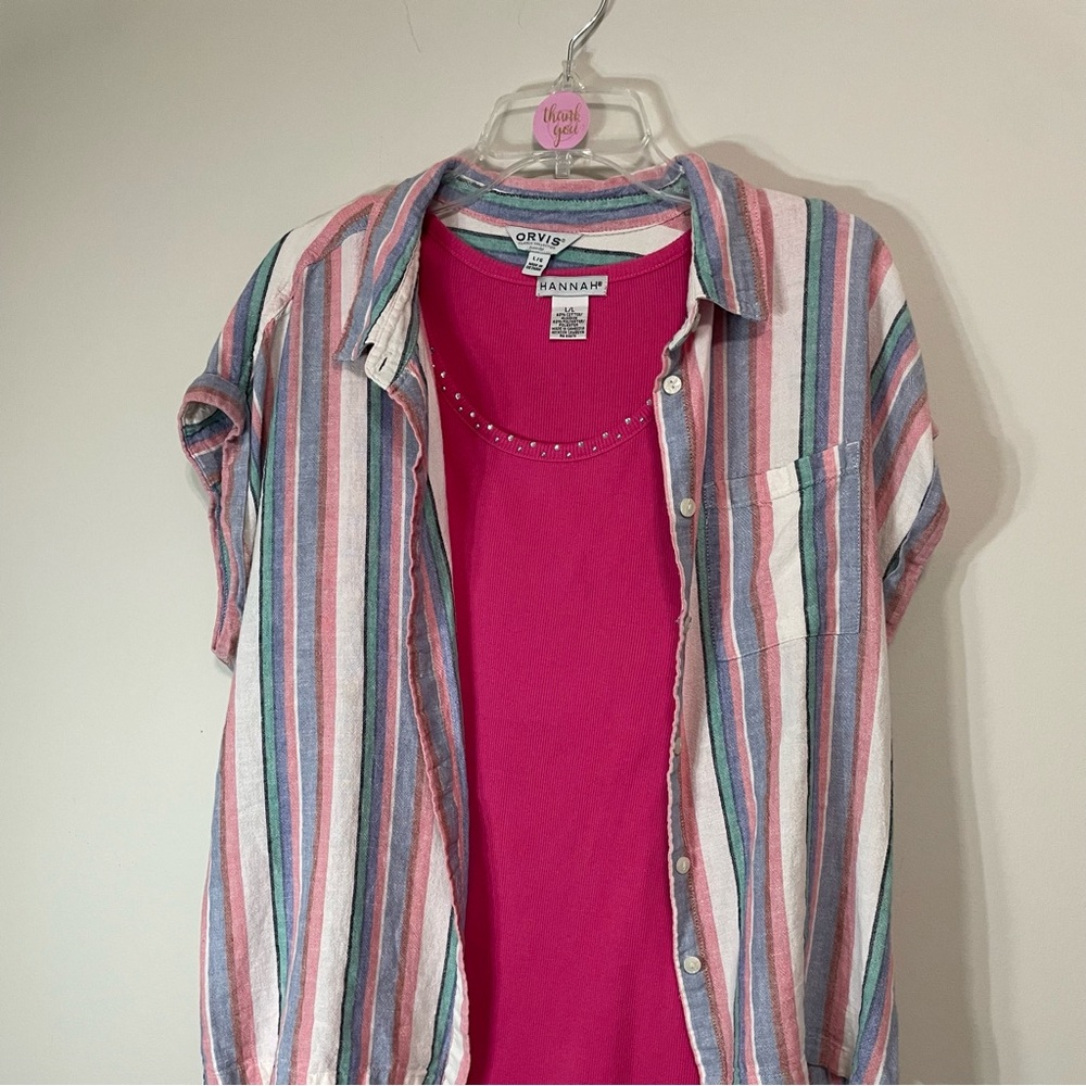 Set Hannah Pink Ribbed Tank &‎ Orvis Over-shirt Size L ~ Comfy & Quality